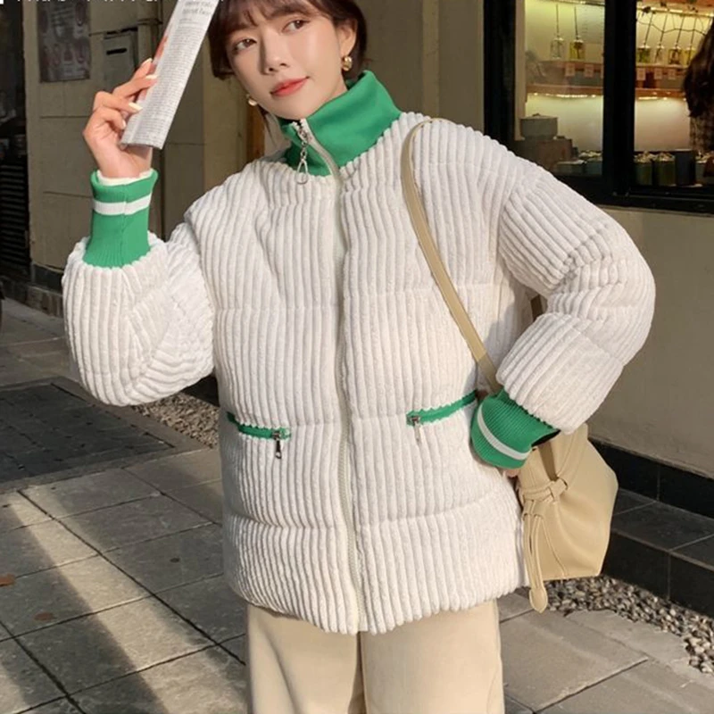 Winter Warm Corduroy Cotton Clothing Coat Women KoreanFashion Loose Casual Zipper Jacket Female Solid Thick Stand Collar Outwear