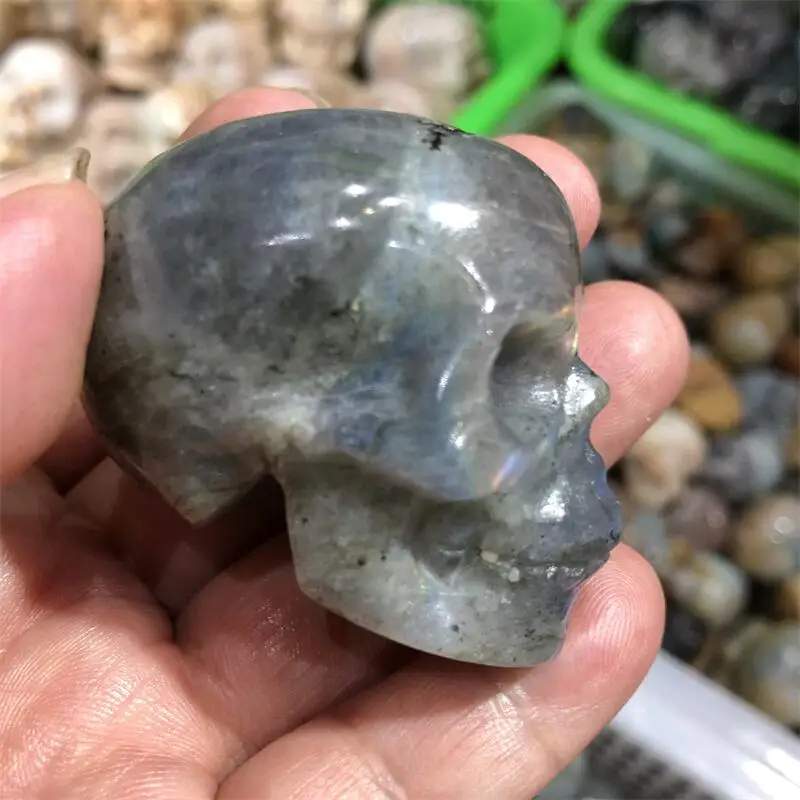 

Natural Stone Labradorite Skull Carving Crystal Crafts Hand Carved Figurines Sculpture Reiki 1pcs