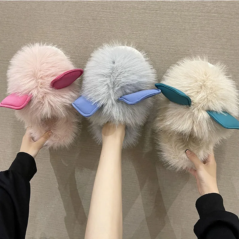 

Женские милые пушистые зимние домашние тапочки Baotou, модная однотонная обувь на плоской подошве, повседневные Мягкие пушистые шлепанцы для ...