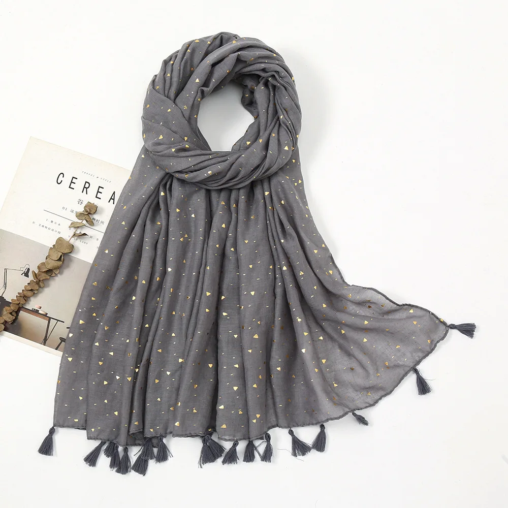 

Women Small Gold Triangle Tassel Viscose Shawl Scarf High Quality Soft Thin Wrap Pashmina Stole Bufandas Muslim Hijab 180*90Cm