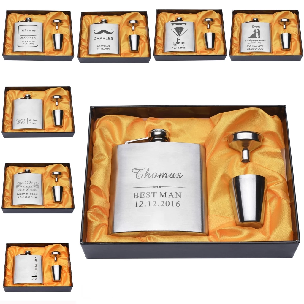 

Set Of Personalized Engraved 6oz Silver Hip Flask Gift Box For Wedding Groomsmen Best Man Party Gift Favors