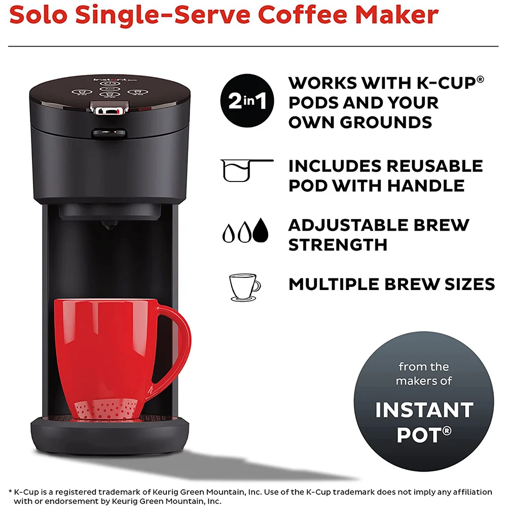

Мгновенный горшок Solo 2 в 1 кофеварка для зернового кофе, Кофеварка K-Cup совместимая с кофеваркой от 8 до 12 унций