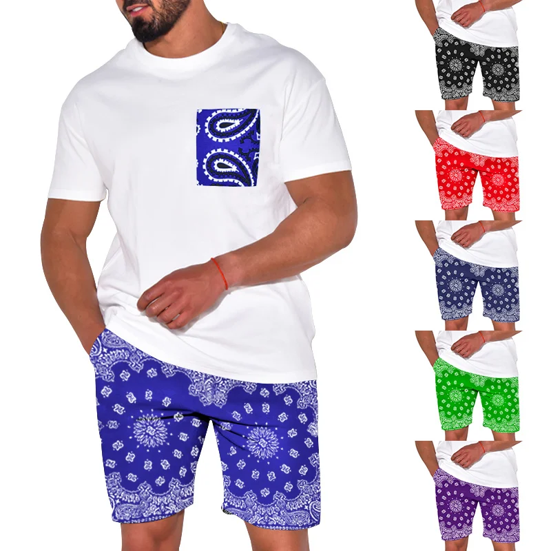 Summer Street Graffiti 3d Paisley Patchwork Pattern Print Oversized T Shirt Shorts 2pcs Suit Retro Style Hip Hop Men Clothing