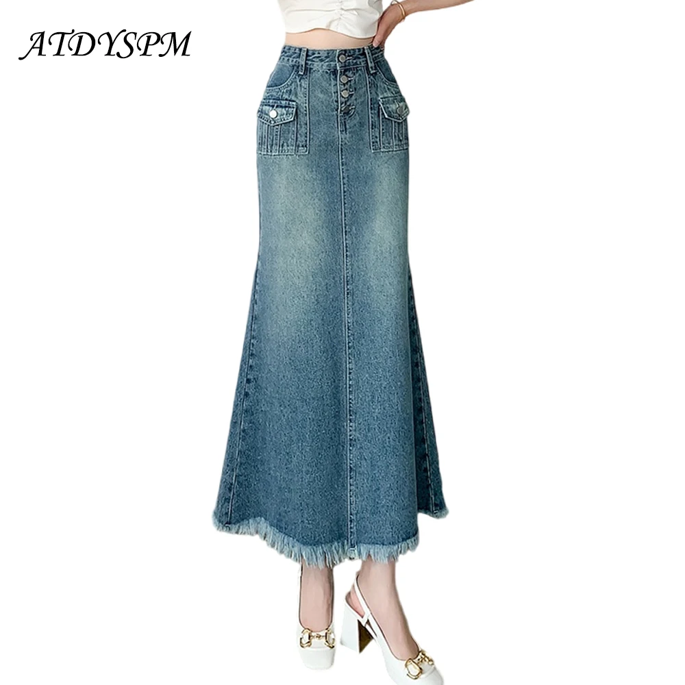 

Женская длинная джинсовая юбка с бахромой, в стиле ретро