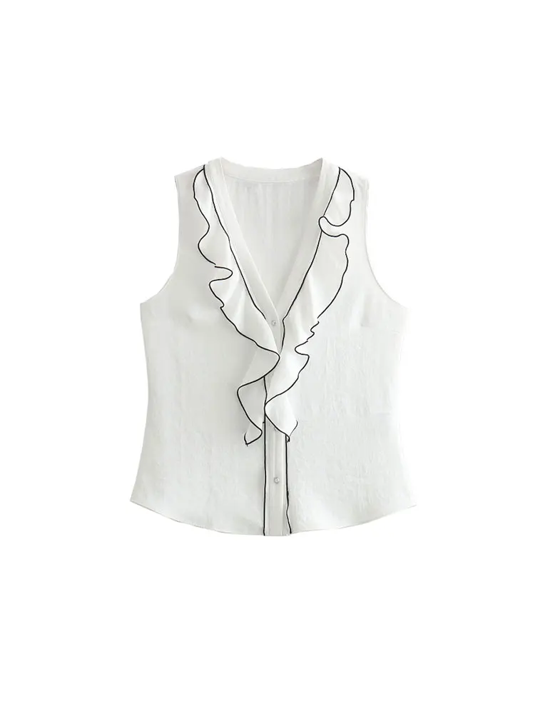 Летняя женская блузка без рукавов TRAF 2024 Лоскутная рубашка с оборками и V-образным