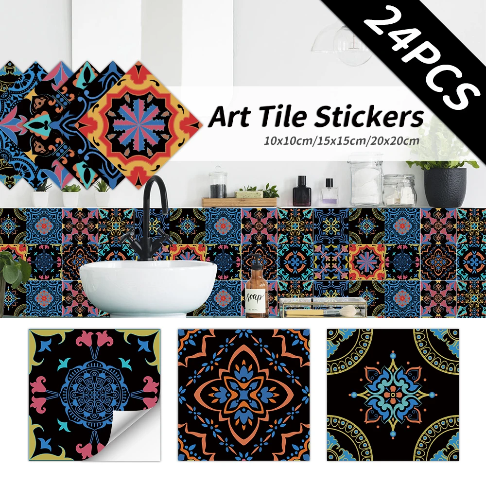 

24PCS Tile Sticker Kitchen Wall Waterproof And Oil-proof Self-adhesive Wallpaper 3d Retro Art Pattern Removable Bathroom Decals