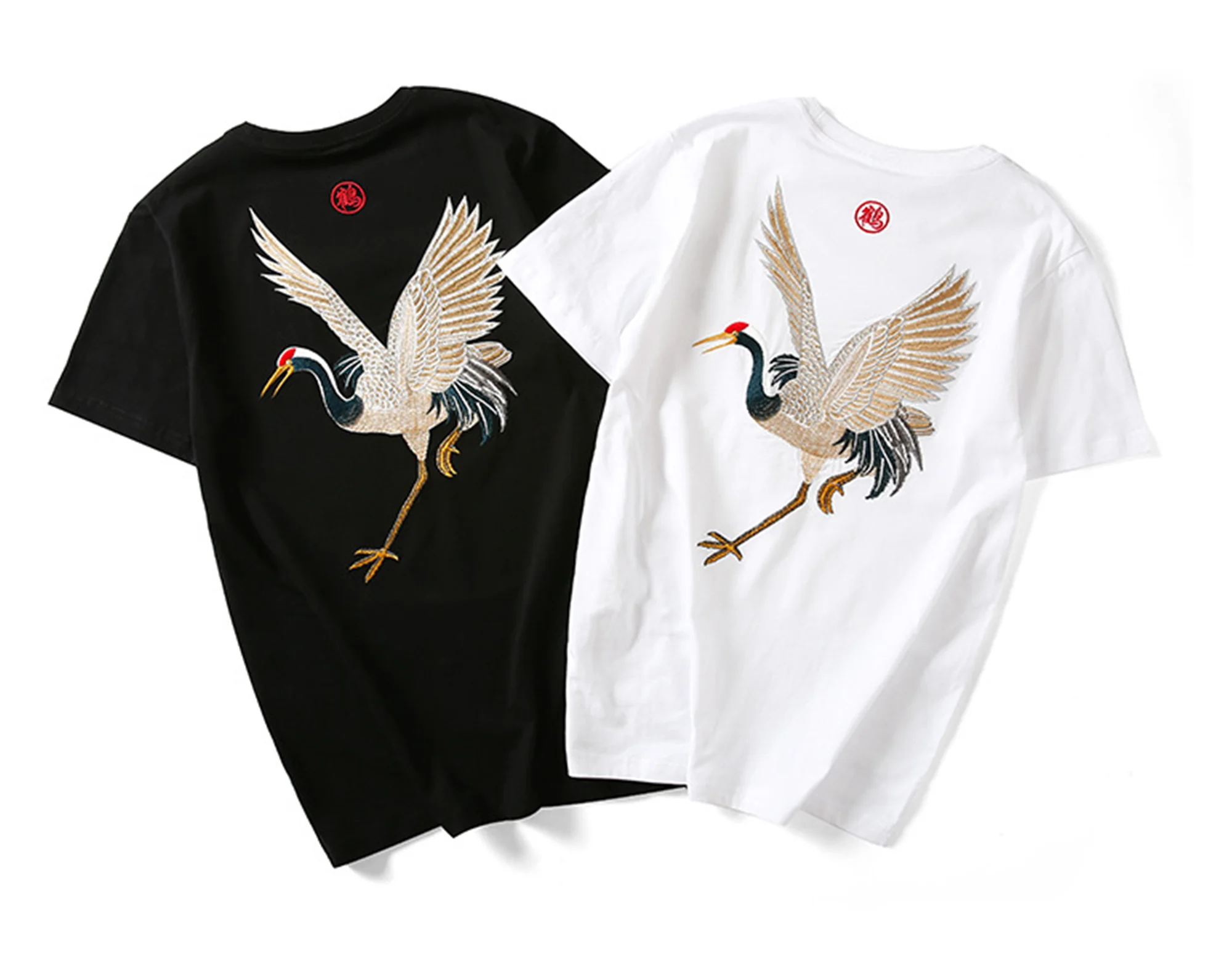 

New Summer Chinese Fashion Brand Retro Ethnic Style Cotton Embroidery Crane Men's Short-sleeved T-shirt Men's Loose Clothes