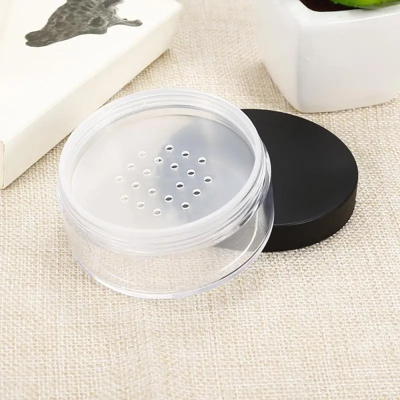 

50g Plastic Empty Loose Powder Pot With Sieve Cosmetic Makeup Jar Container Handheld Portable Sifter with Black Cap