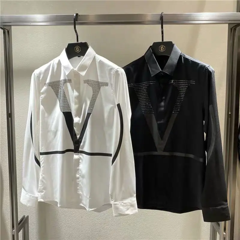 Men's autumn long sleeve shirt trend fashion slim Korean version of personality letter hot diamond printing Joker shirt