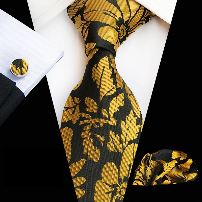 

8 cm Men's Ties Set Gentlemen Business Wedding Elegant Paisley Floral Neck Ties with Pocket Square Cufflinks