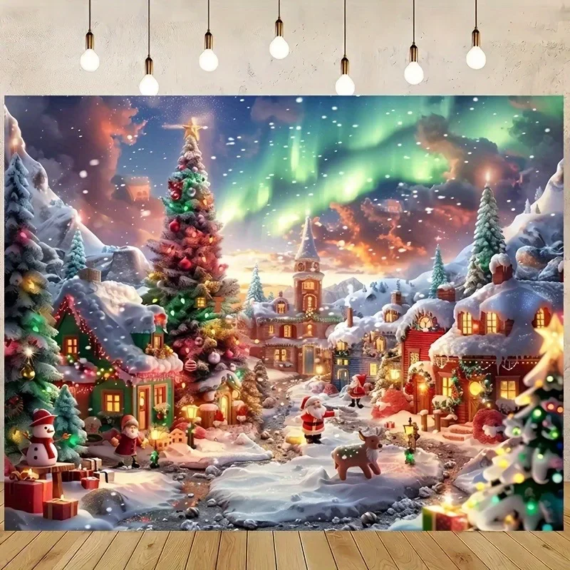

Украшение рождественской вечеринки, фоновая ткань, Рождественское город, Аврора, снежная сцена, гобелен, подходит для наружного украшения дома