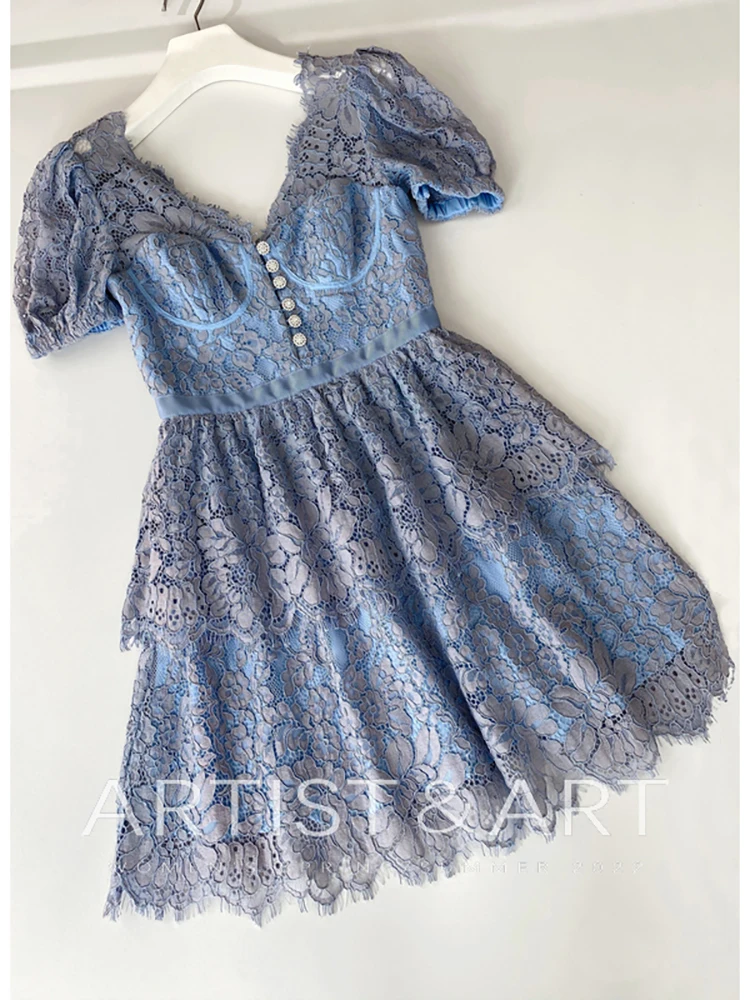 

Женское модельное платье с коротким рукавом-фонариком, синее платье с оборками на Подоле и высокой талией, весна