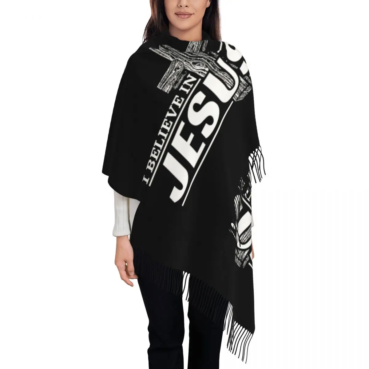 Шарф унисекс Я верю в Иисуса Христа длинный зимний теплый шарф с кисточками