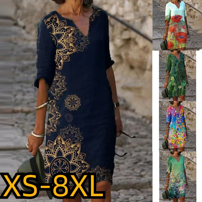 

2023 Vintage Boho New Design Print Women Sundress Summer Fashion V-Neck Short Sleeve Dress Elegant Ladies Midi Dress XS-8XL