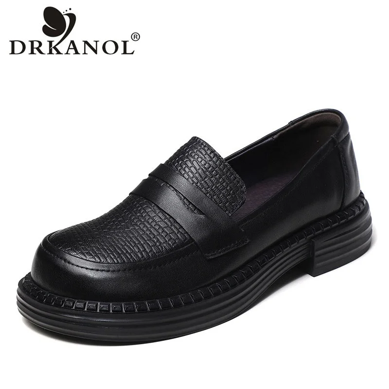 

DRKANOL Fashion Women Slip On Loafers Spring Autumn Shallow Luxury Genuine Leather Thick Heel Retro Casual Shoes Handmade Loafer
