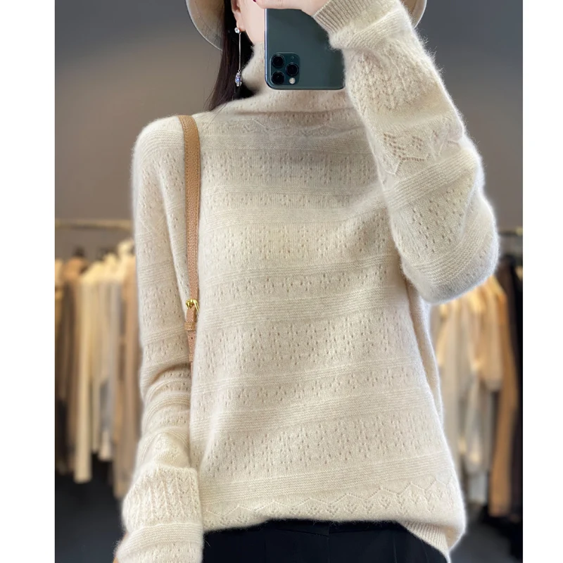 

Women's New Pile Up Collar Sweater with Hollowed Out Autumn and Winter High Neck Knitted with Soft Loose Fitting Pullover Top