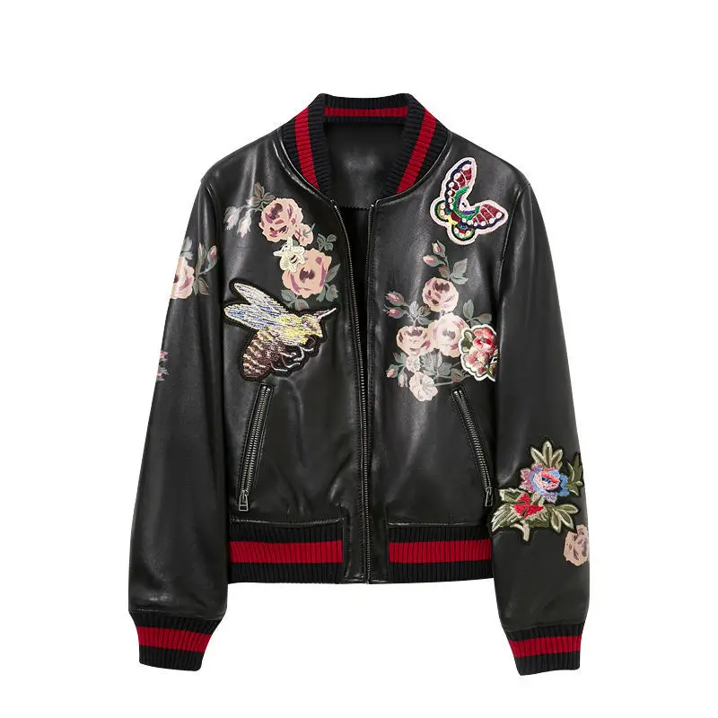 

Бейсбольная кожаная куртка, Новинка весна-осень 2022, женское короткое Свободное пальто с принтом и вышивкой нитками
