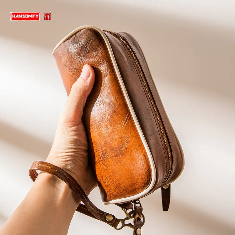 

Retro Long Genuine Leather Wallet Men's Purses Vegetable Tanning Leather Men Clutch Bag Mobile Phone Bag Simple Zipper Wallet