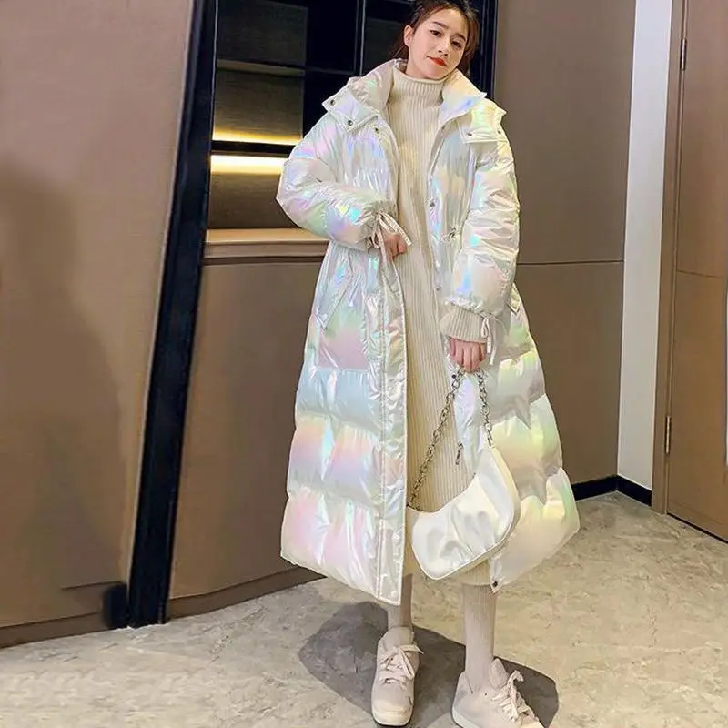 Winter Coat for Women Parka Women's Long Hooded 2023 Winter New Gloosy Bright Over Knee Jacket Winter Parka Zipper Pockets S80