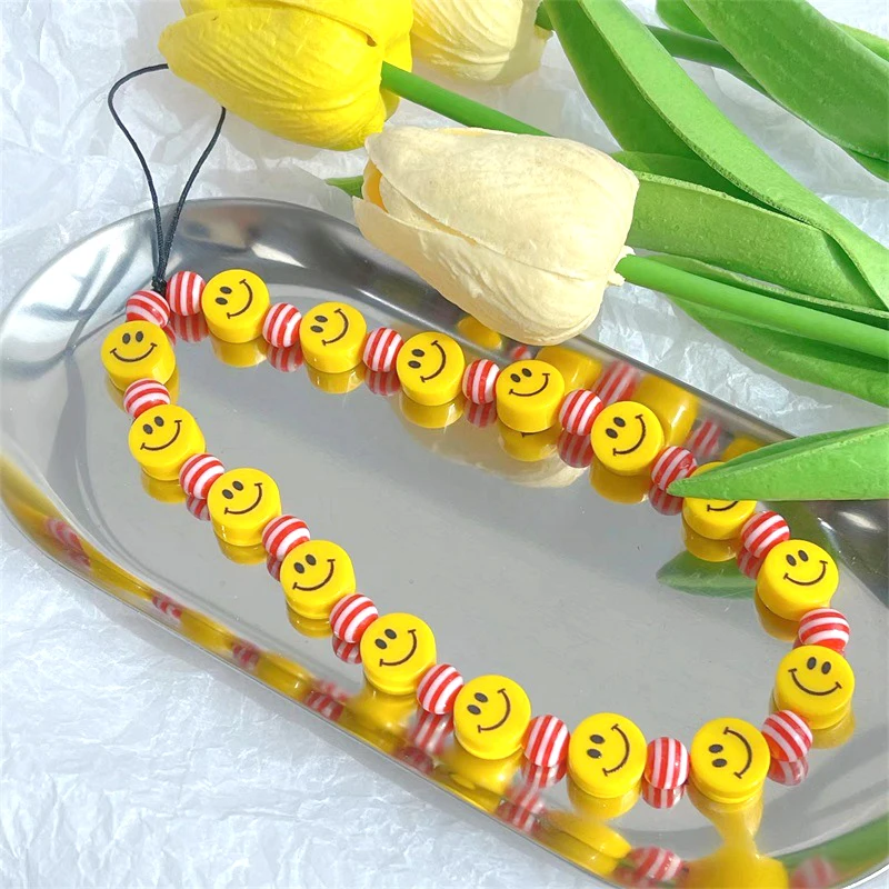 Striped Smiley Key Chain Ladies Fashion Cute Romantic Vintage Keychain Charm Korea 90s Aesthetic Phone Chain Decoration Gift New
