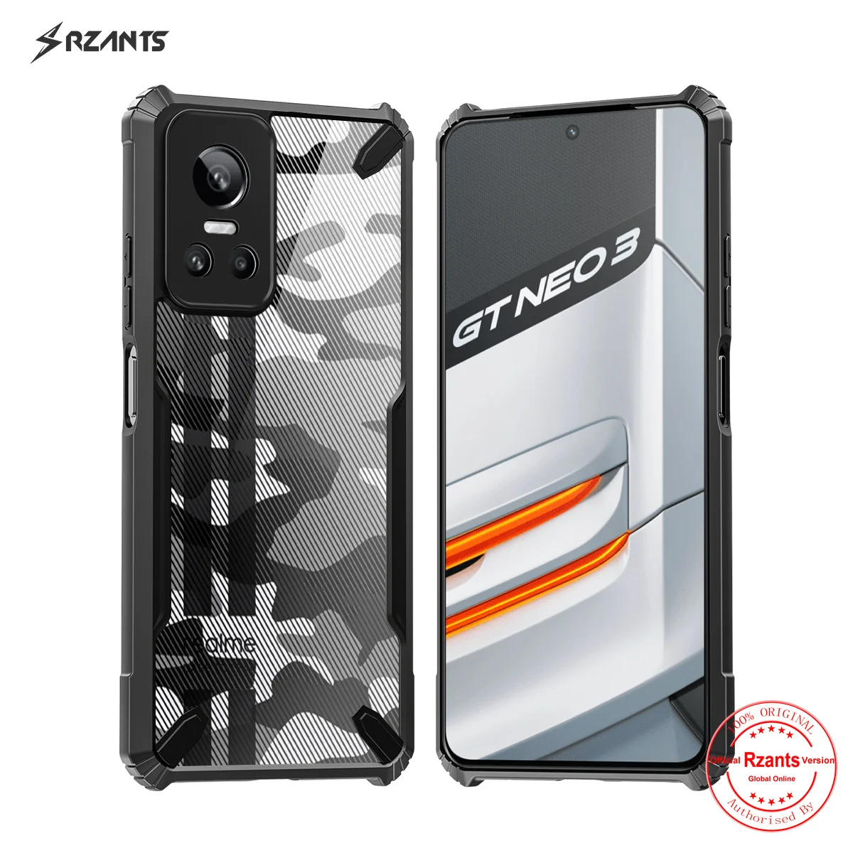 

Rzants для Realme GT Neo 3 Чехол Жесткий [Камуфляжный бык] ударопрочный тонкий кристально прозрачный чехол Funda тонкий корпус