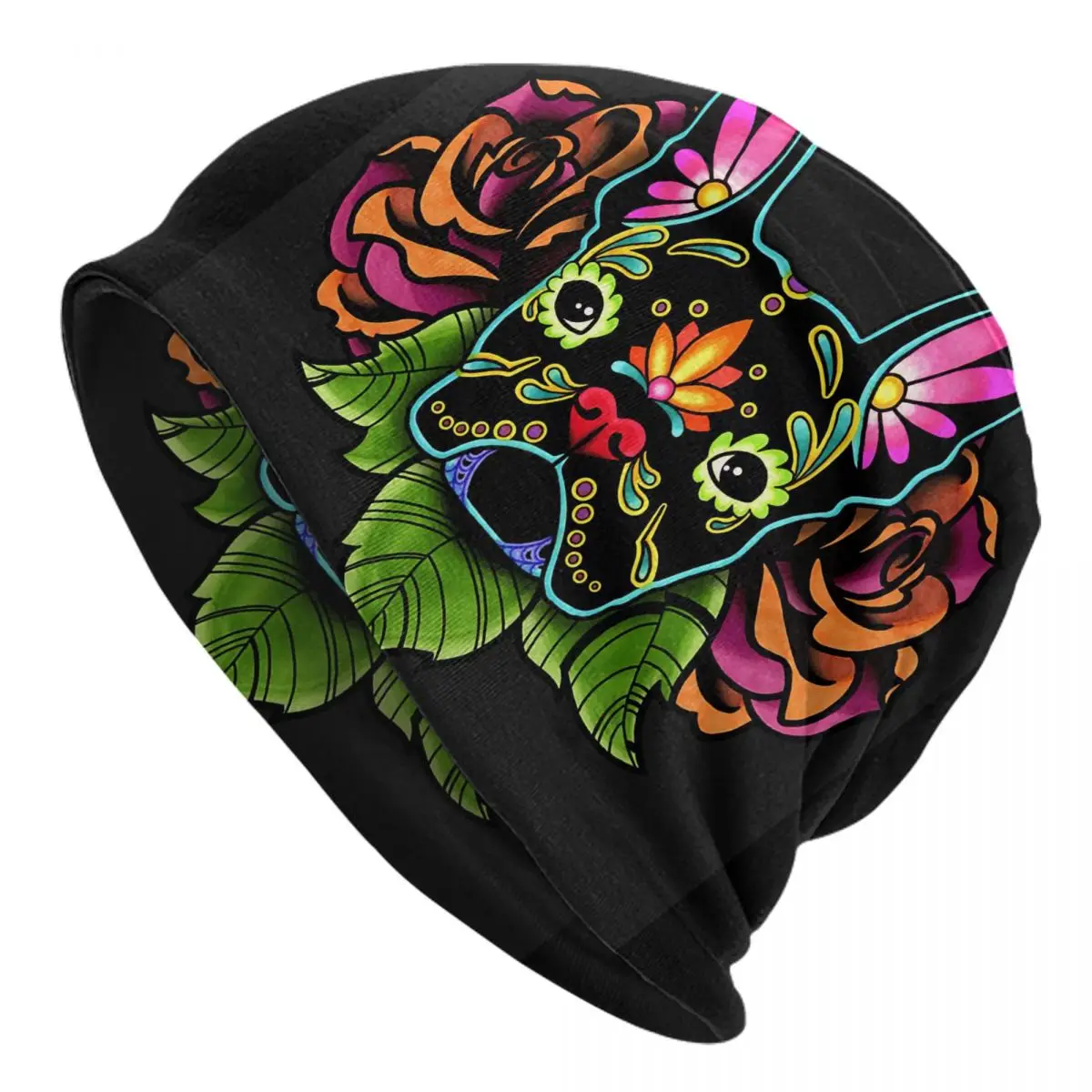 Day Of The Dead French Bulldog In Black Sugar Skull Dog Adult Men's Women's Knit Hat Keep warm winter Funny knitted hat