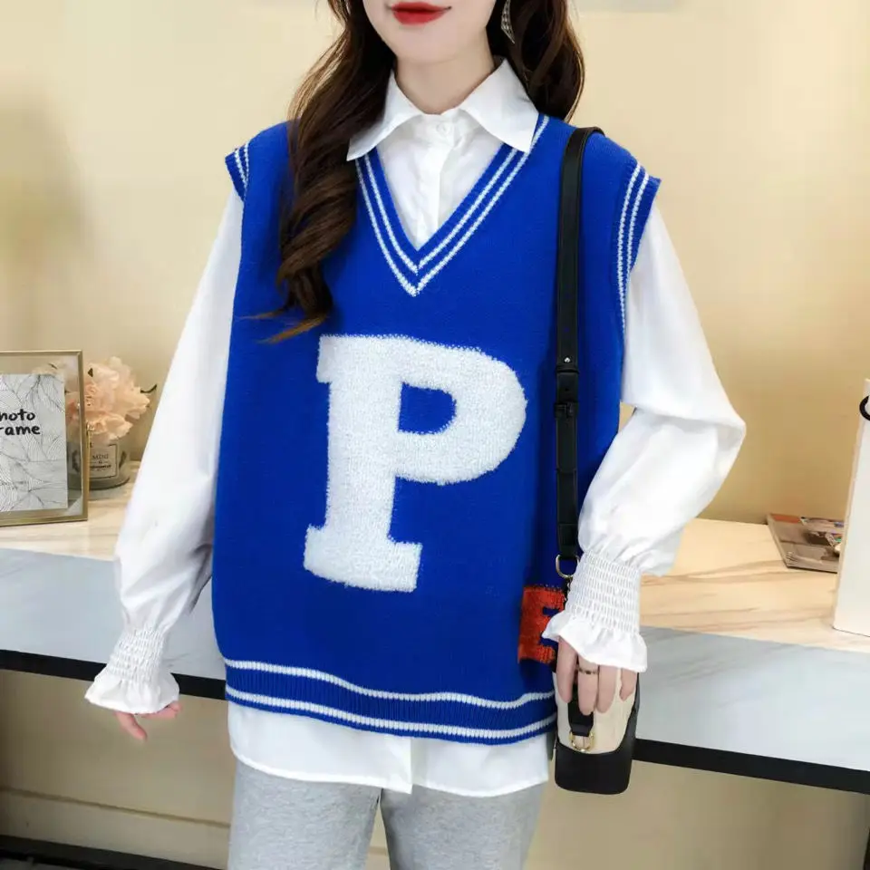 

2022 Korean Office Lady Sweater Loose V-neck Knit Sleeveless Pullover Vest Tops Print Sweaters Fall Fashion Sweater Vest T275