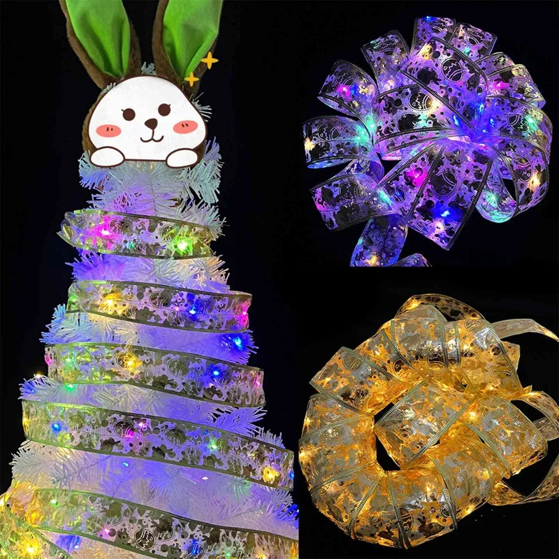 

Christmas Decoration LED Ribbon Lights Christmas Tree Ornaments DIY Lace Bows String Lights Home Decors