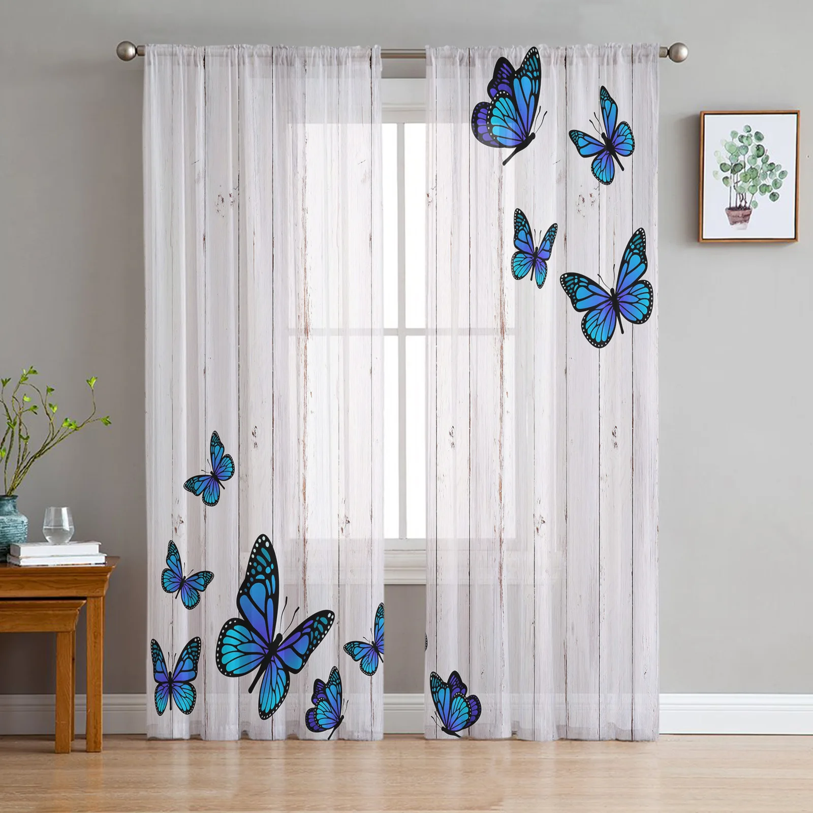 

Занавески в стиле ретро с имитацией под дерево, тюль с синими бабочками, вуаль для спальни, занавески на окна для гостиной, прозрачные шторы из органзы