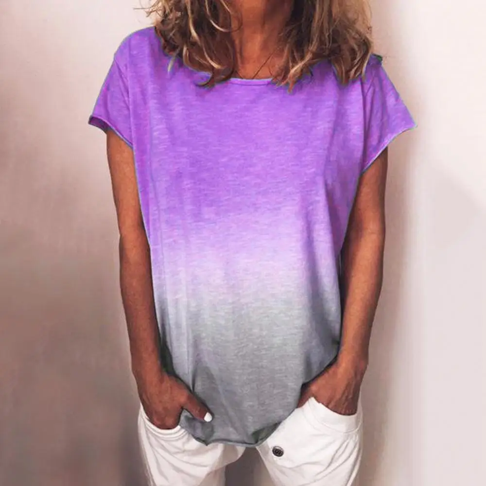 

Casual Women Gradient Candy Color Print Tshirt Short Sleeve Summer 2022 New Fashion Tees Plus Size O-Neck Simple Female Tops