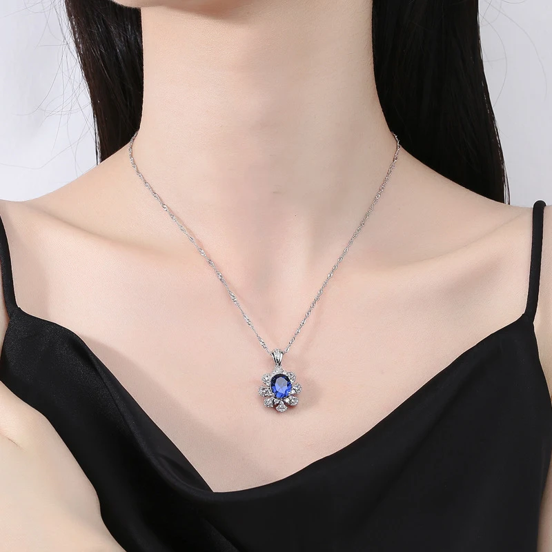 

Blue Flower Pendant High Carbon Diamond Gemstone Necklace 925 Sterling Silver Womens Necklace High Quality Wedding Party Gift