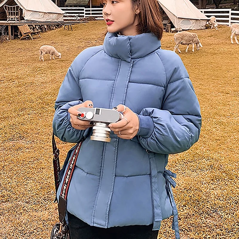 Women Winter Stand Collar Cotton Coats Pocket Zipper Button Overcoat Warm Thick Bread Jacket Solid Color Long-Sleeve Outerwear