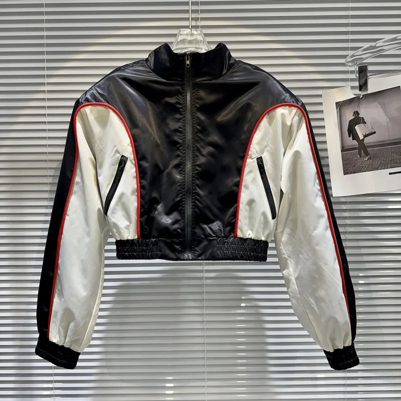 

BORVEMAYS Contrasting Colors Patchwork Jacket Trend Fashion Stand Collar Long Sleevezipper 2023 Autumn New Coat PU Leather