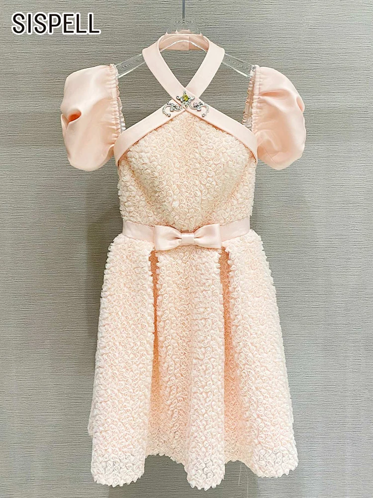 

SISPELL Patchwork Diamonds Dress For Women Halter Collar Short Sleeve High Waist Solid Mini Dresses Female Summer Clothing Style