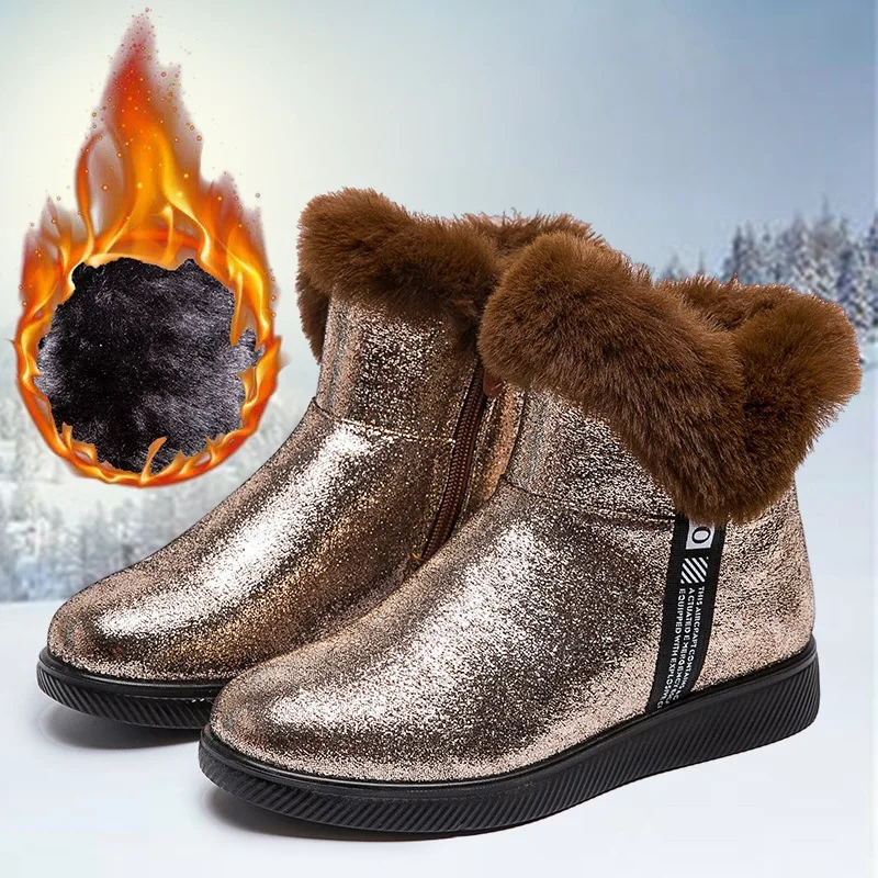 Shiny Snow Boots for Women Casual Woman Shoe Suede Winter Ankle Boots Zipper Female Plush Furry Boots Platform Botas Mujer