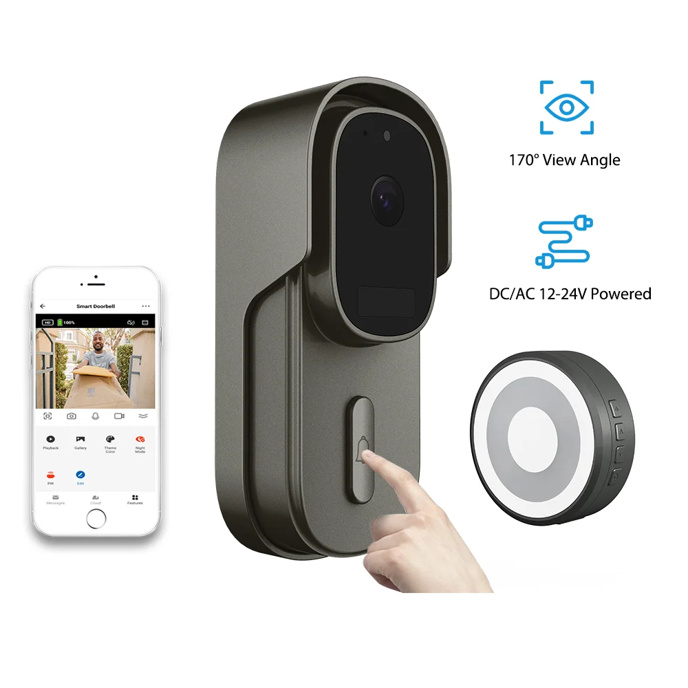 

Wide Angle Tuya Wifi Video Doorbell HD 1080P DC AC 12-24V Battery Powered Two Way Audio Night Vision Outdoor Remote Monitoring