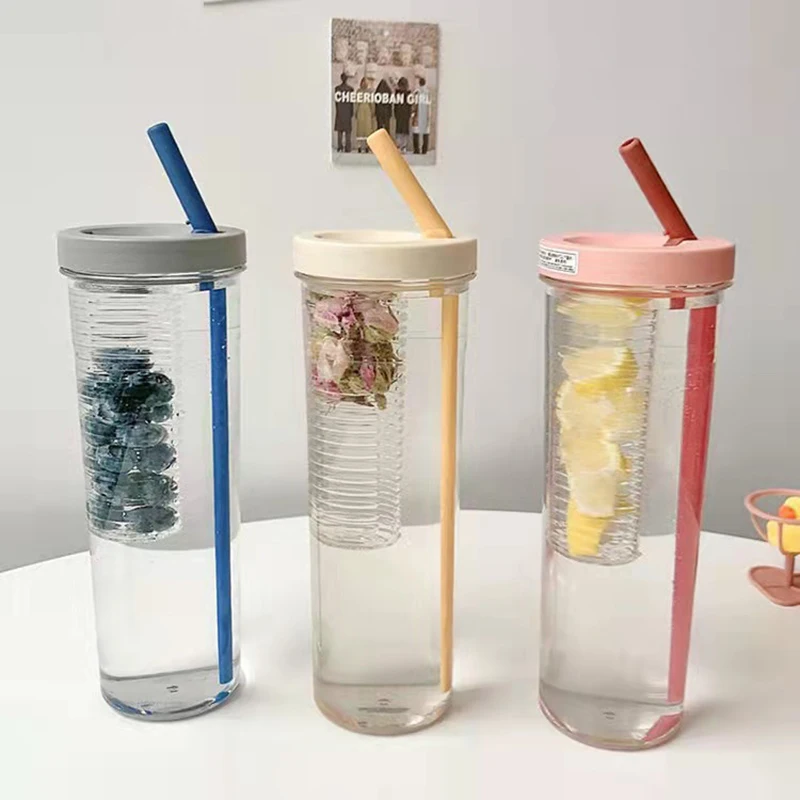 

700ml Dry Wet Separation Fruit Cup Water Bottle Lemon Filter Student Special Plastic Cup With Straw Outdoor Sports Tumblers