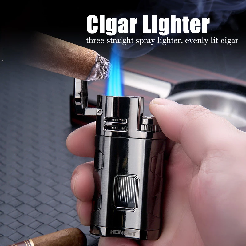 

Честная 3-головочная зажигалка с синим пламенем, ветрозащитная Зажигалка для сигар и сигар, маленький Аэрограф, стандартная Зажигалка для сигарет, мужской подарок