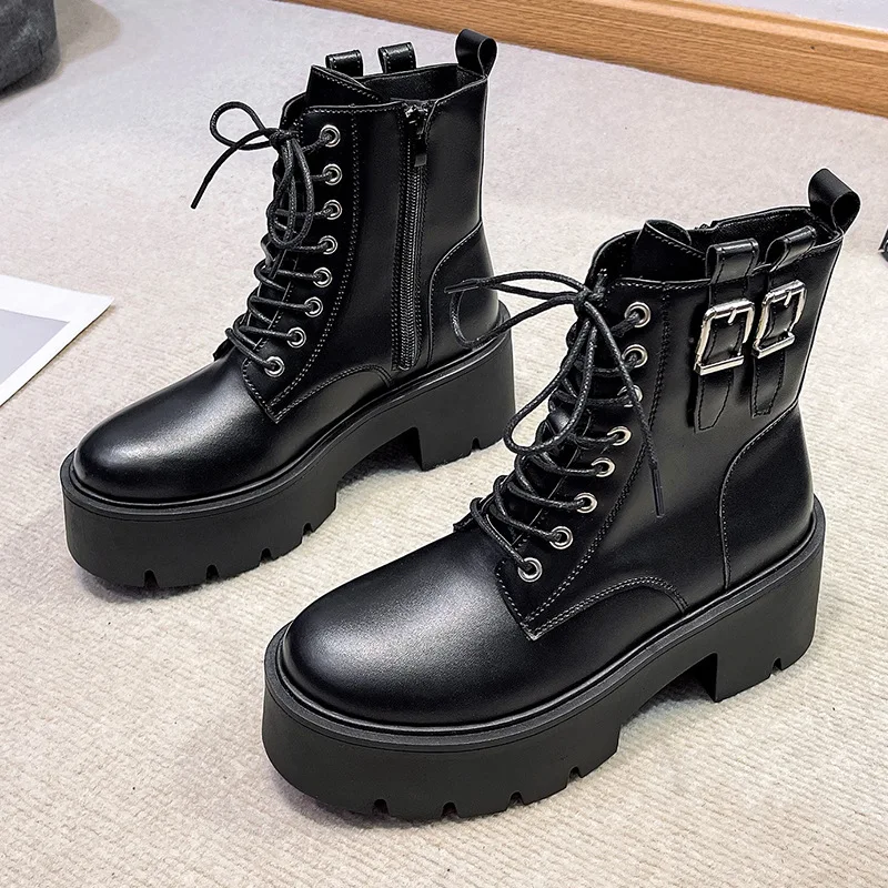 2022 Autumn Ankle Boots Punk Woman Fashion Zipper Belt Buckle Boot Women Single Punk Boot Ladies Platform Motorbike Boots Shoes