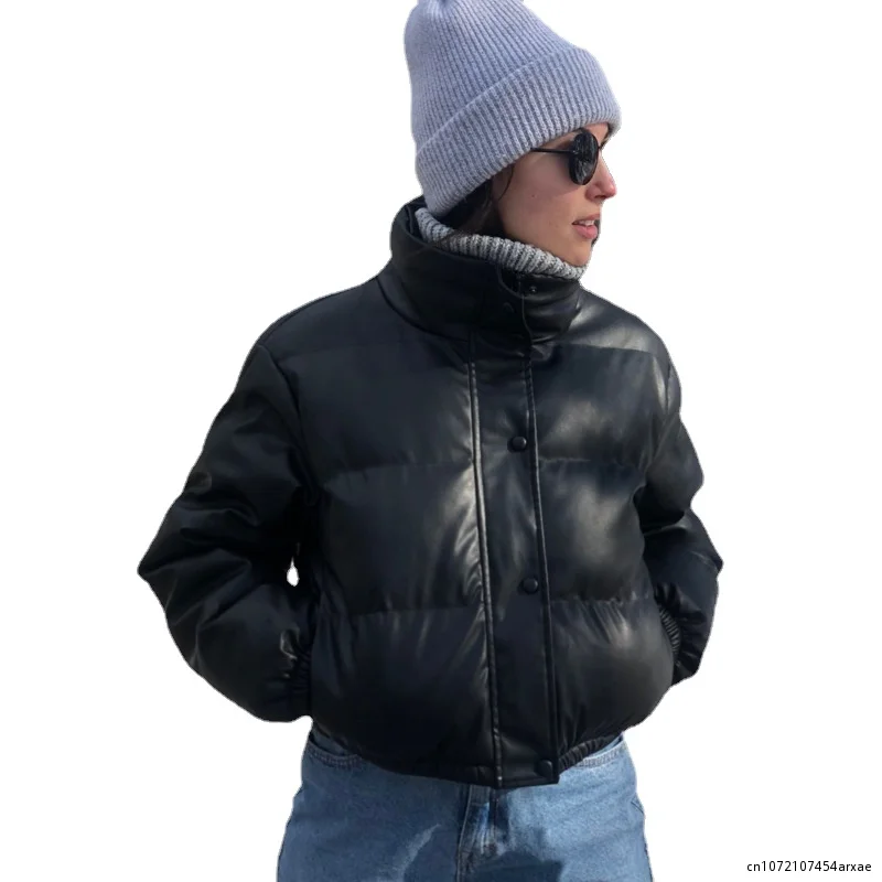 

Hot Sale Winter Thick Warm Short Parkas Women Fashion Black PU Leather Coats Women Elegant Zipper Cotton Jackets Female Ladies