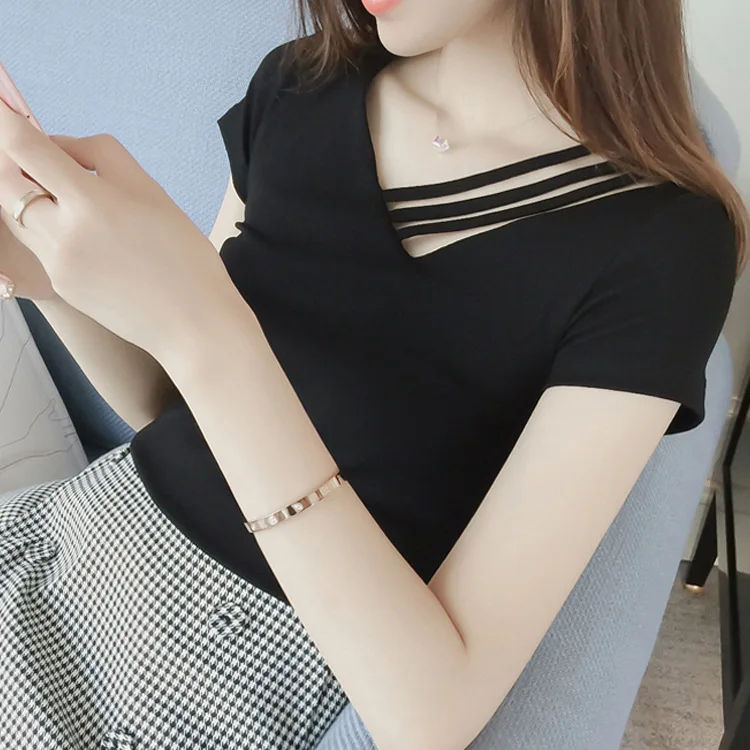 

JJ&D New Short-sleeved T-shirt Women's Summer Fashion Women's Student V-neck Top Women's Clothing Wholesale
