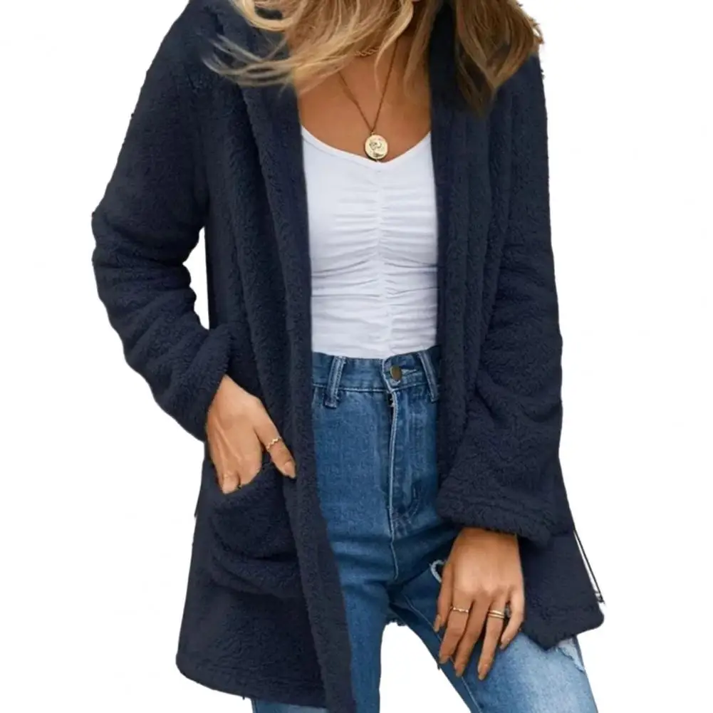 

Solid Color Cardigan Cozy Women's Fleece Hooded Sweater Coat Stylish Warm with Soft Texture for Cold Autumn/winter Days Open