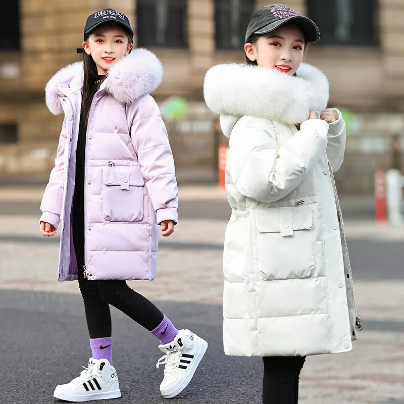 6-14 Years Children Girl Winter Overalls Long Outwear Down Jacket Toddler Warm Parka Fur Hooded Coat Kids Snowsuit Clothes