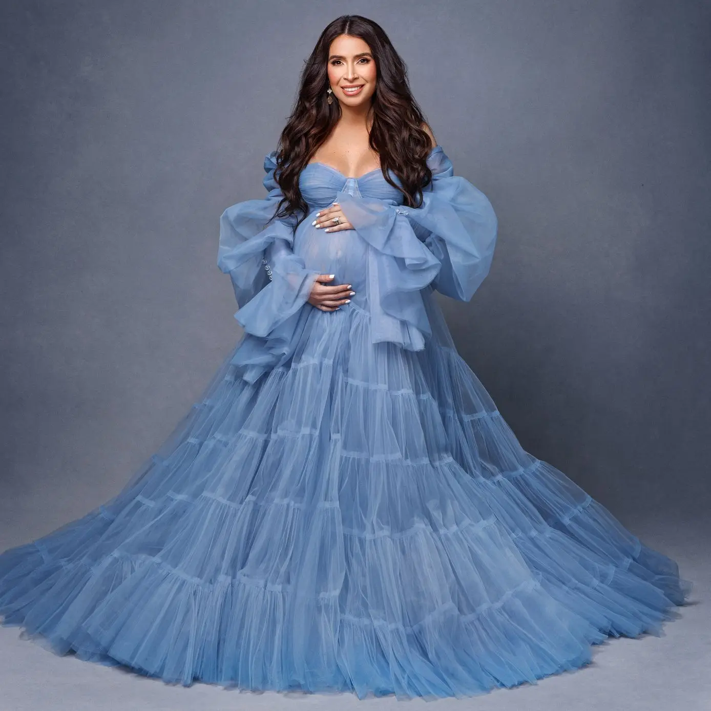 

Baby Blue Tulle Maternity Gown For Photo Shoot Long Sleeve Ruffles With Flares Custom Made for Fotos