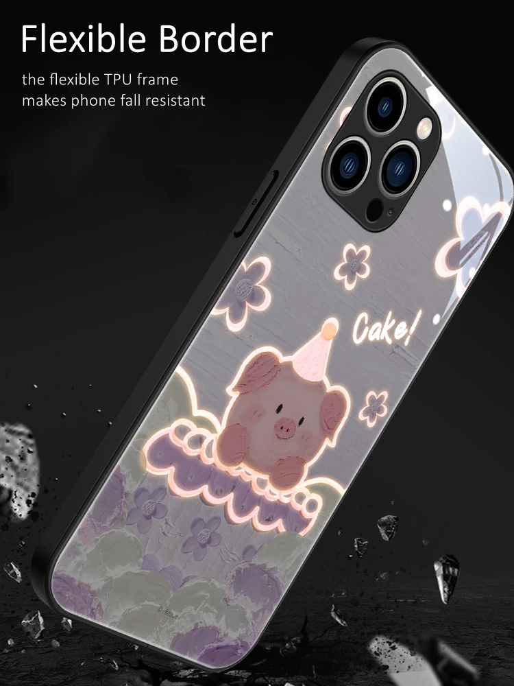 Cute Piggy Cake Birthday Gift LED Light Glowing Luminous Phone Case for Samsung S21 S22 S23 Note 10 20 A14 A54 A73 Plus Ultra