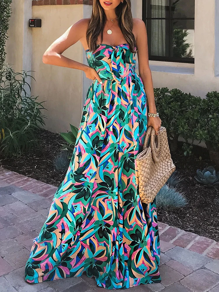 

Women Elegant Off Shoulder Party Jumpsuit Vintage Printed Strapless Loose Romper Summer Casual Wide Leg Pants Playsuit Overalls