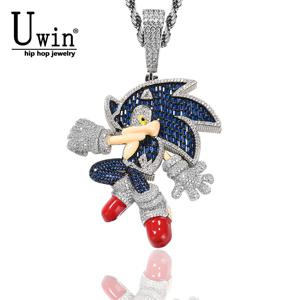 Uwin Anime Cartoon Sonic Pendant Micro Setting Iced Out Cubic Zirconia Necklaces For Womans Men Fashion Jewelry Gifts
