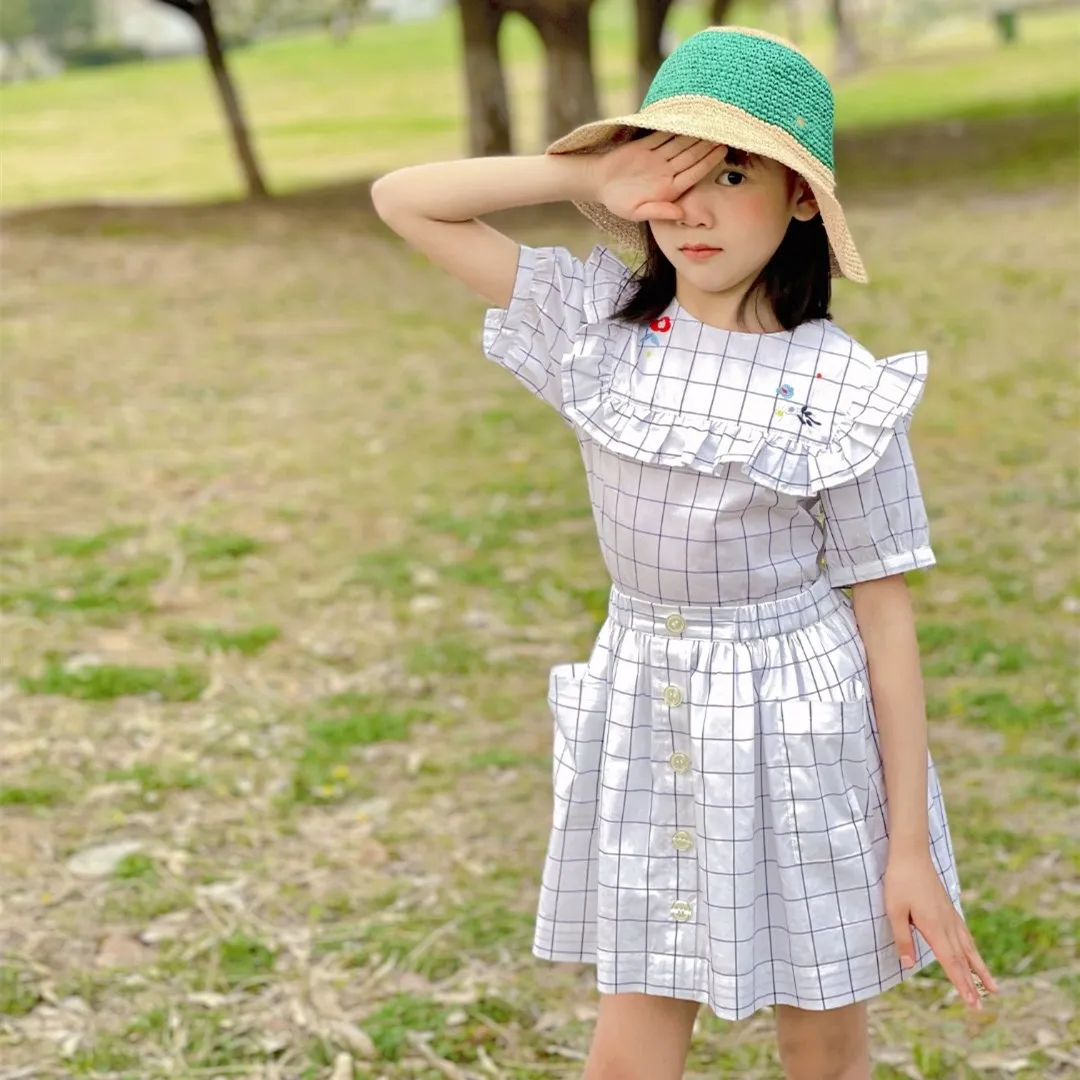 

Kids clothing set Girls Summer Suit Plaid Ruffled Small Top + Pocket Plaid Skirt casual cotton 2pcs clothes