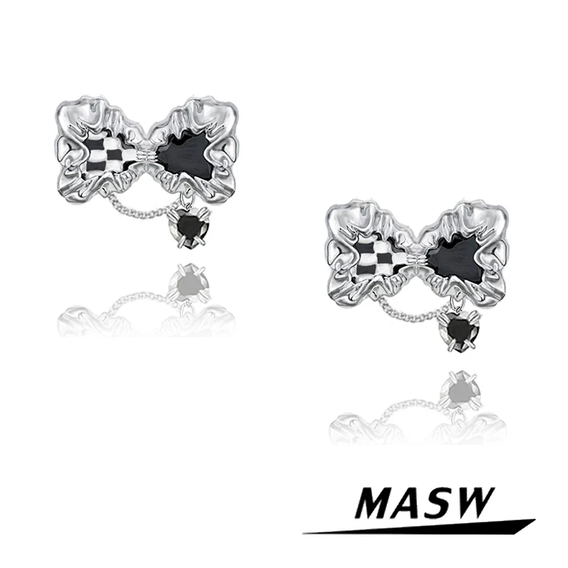 

MASW Original Design Black White Grid Bowknot Earirngs 2023 Trend New Classic Jewelry High Quality Brass Stud Earrings For Women