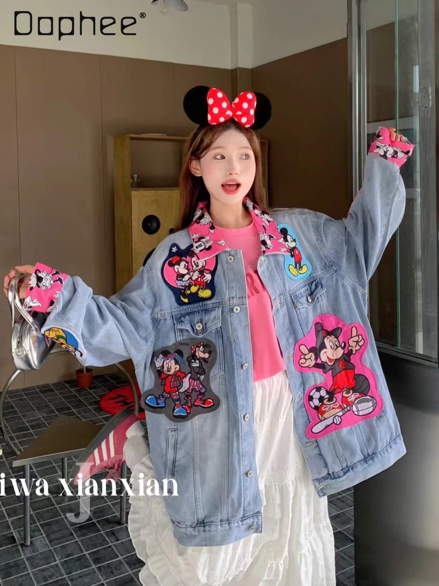 Женская однобортная джинсовая куртка свободная Осенняя с мультяшным принтом